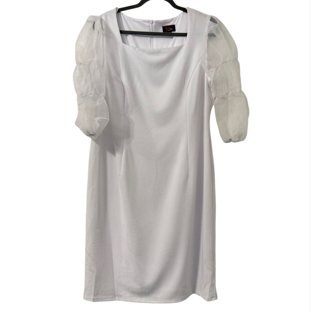 JM Studio By John Meyer Sheer Puff Sleeve Bodycon Dress Size 16 White Wedding